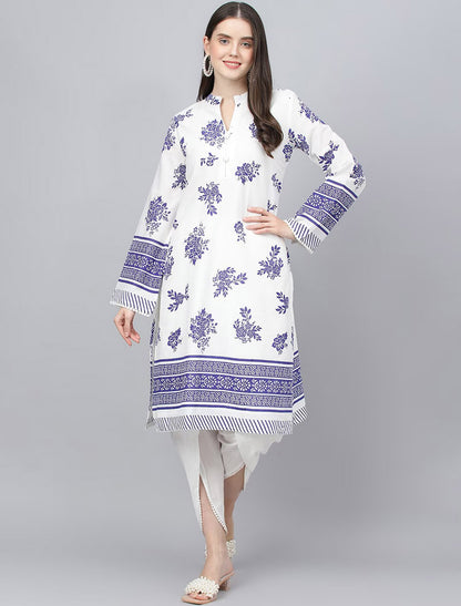 White Floral Printed Pure Cotton Kurta with Dhoti Pants Kurta Sets For Women