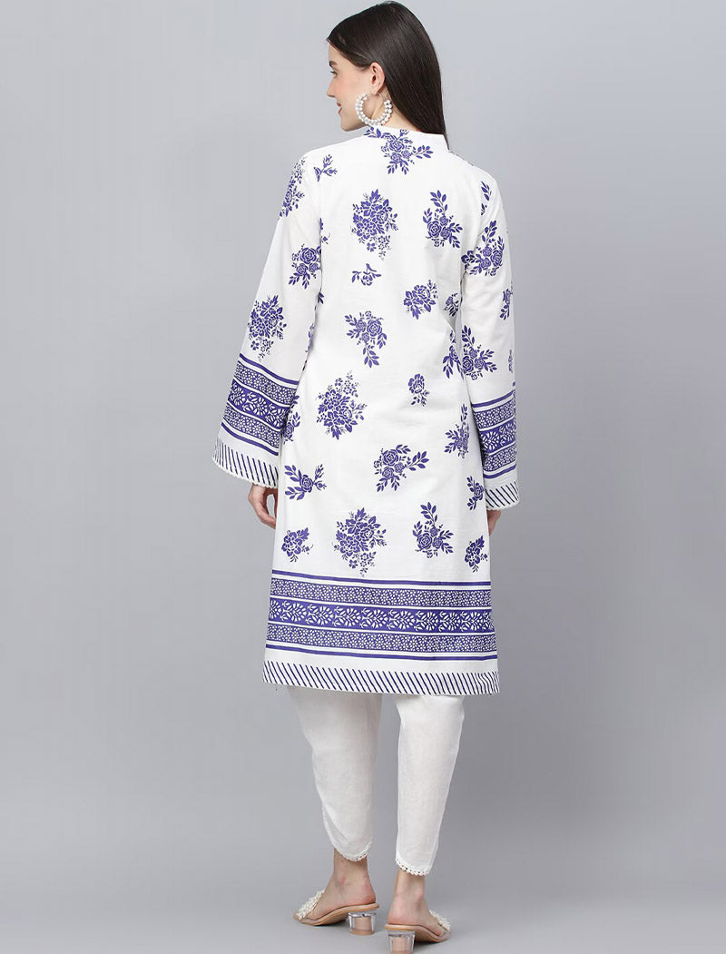 White Floral Printed Pure Cotton Kurta with Dhoti Pants Kurta Sets For Women