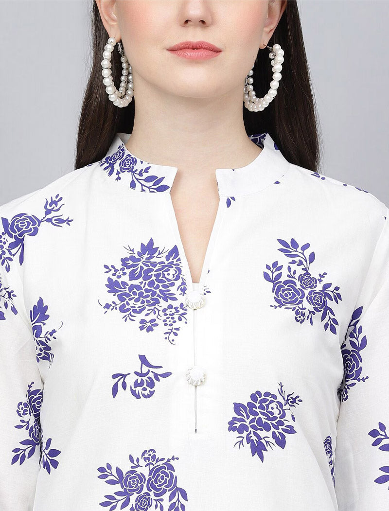 White Floral Printed Pure Cotton Kurta with Dhoti Pants Kurta Sets For Women