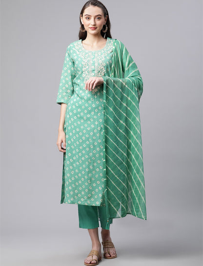 Green Ethnic Bandhani Kurta Trousers Dupatta Kurta Sets For Women