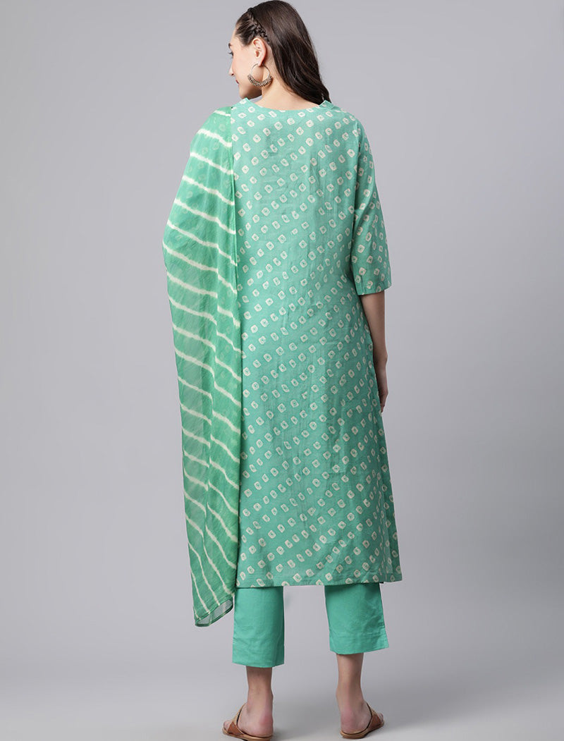 Green Bandhani Printed Chanderi Silk Kurta Trousers & With Dupatta Kurta Sets For Women