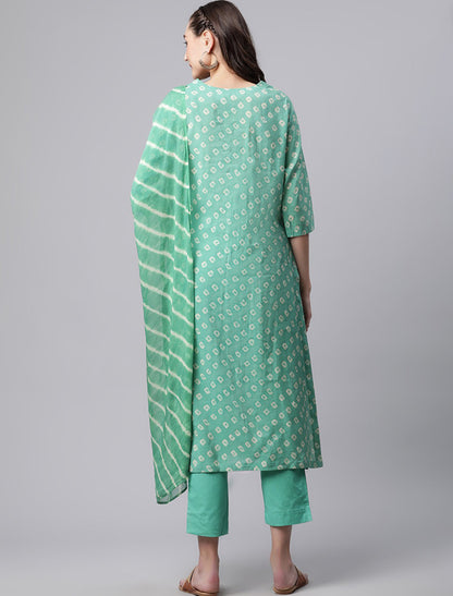Green Ethnic Bandhani Kurta Trousers Dupatta Kurta Sets For Women