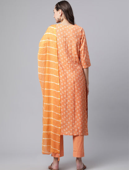 Orange Ethnic Bandhani Kurta Printed Sets For Women