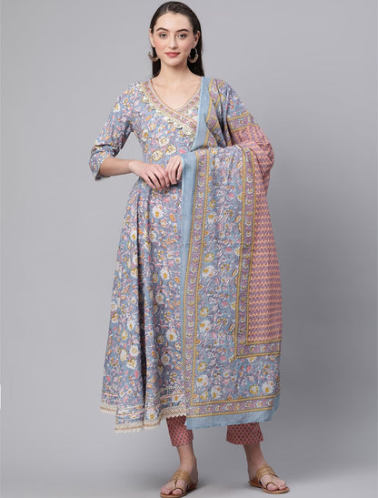 Blue Floral Cotton Ethnic Kurta Sets Trousers Dupatta For Women