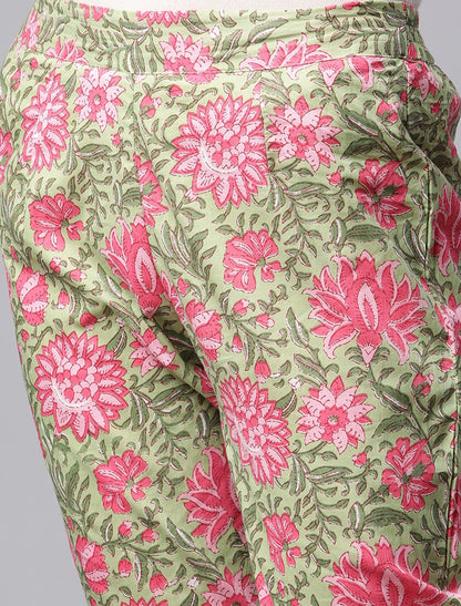 Green Printed Ethnic Cotton Kurta Pant Sets With Dupatta
