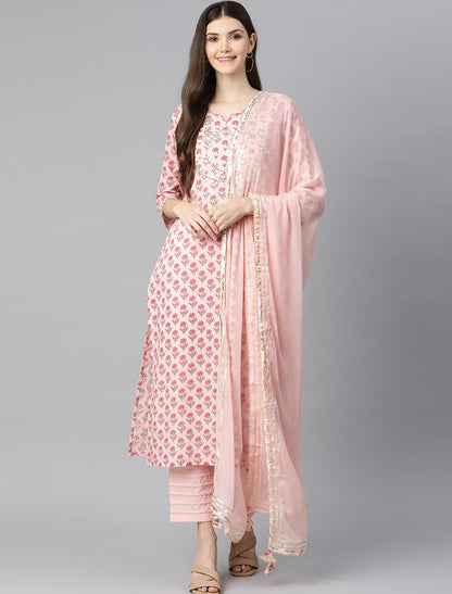 Pink Ethnic Pure Cotton Kurta Pant Sets With Dupatta