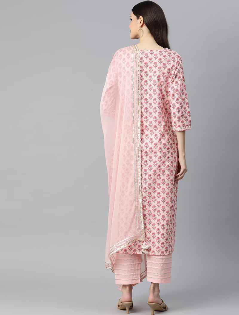 Pink Floral Printed Pure Cotton Kurta with Trousers & Dupatta Kurta Sets For Women