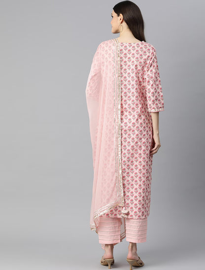 Pink Ethnic Pure Cotton Kurta Pant Sets With Dupatta