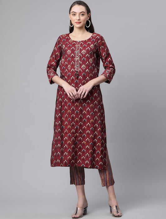 Maroon Ethnic Motifs Printed Chanderi Silk Kurta with Trousers Kurta Sets For Women