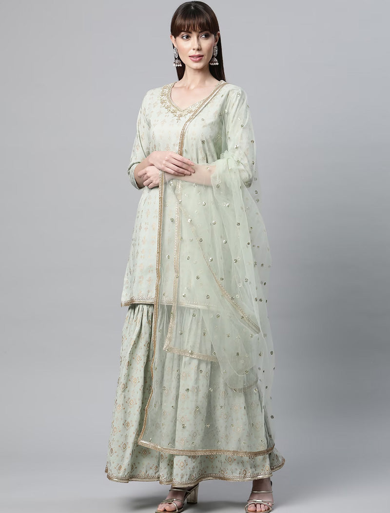 Sea Green Ethnic Motifs Printed Cotton Kurta with Sharara & Dupatta Kurta Sets For Women