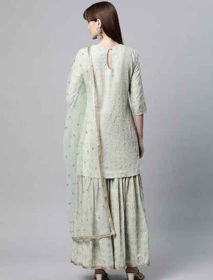 Sea Green Ethnic Motifs Sharara Kurta Sets For Women