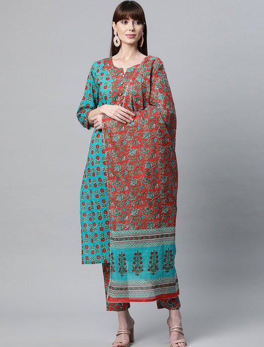 Teal Floral Printed Pure Cotton Kurta with Trousers & Dupatta Kurta Sets For Women