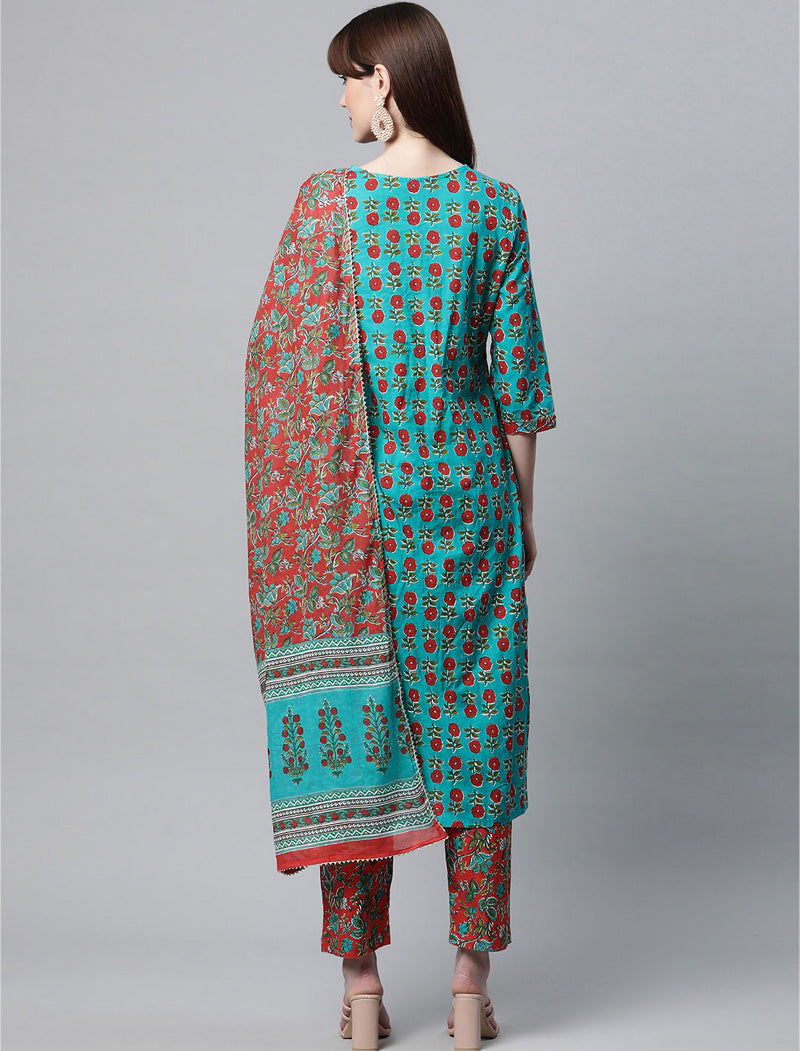 Teal Floral Printed Pure Cotton Kurta with Trousers & Dupatta Kurta Sets For Women