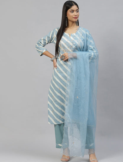 Blue Leheriya Printed Ethnic Kurta Pant Set With Organza Dupatta