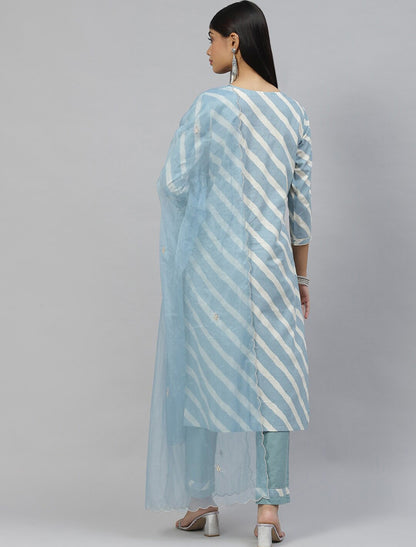 Blue Leheriya Printed Ethnic Kurta Pant Set With Organza Dupatta