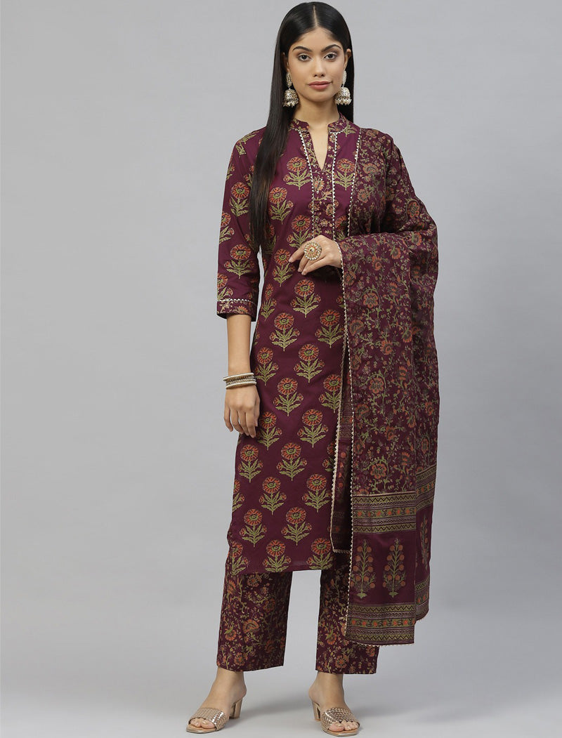 Purple & Green Floral Printed Cotton Kurta with Trousers & Dupatta Kurta Sets For Women