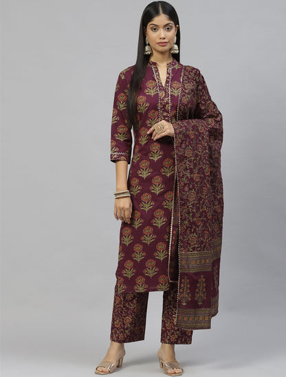 Ethnic Purple Cotton Straight Kurta Pant Set with Dupatta
