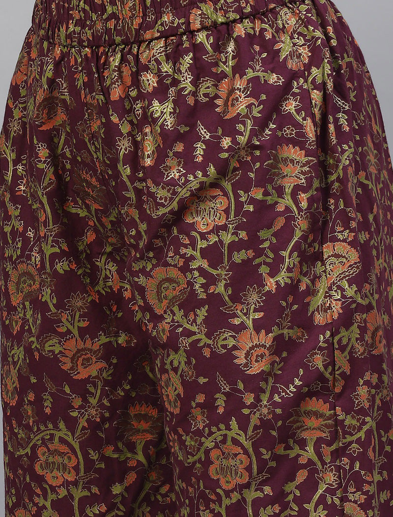 Purple & Green Floral Printed Cotton Kurta with Trousers & Dupatta Kurta Sets For Women