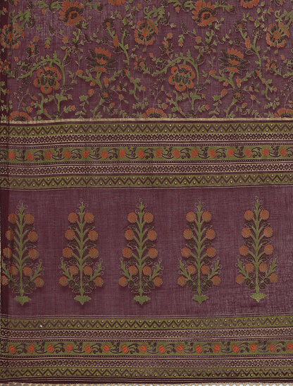Ethnic Purple Cotton Straight Kurta Pant Set with Dupatta
