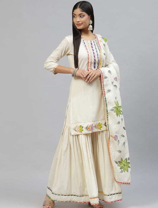 Cream Yoke Design Gotta Patti Cotton Kurta Set with Sharara & Dupatta For Women