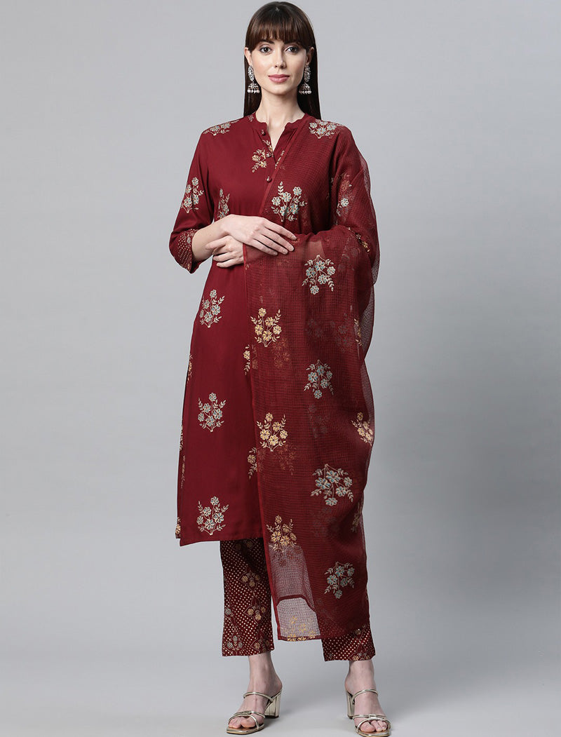 Maroon Floral Printed Kurta with Trousers & Dupatta Kurta Sets For Women