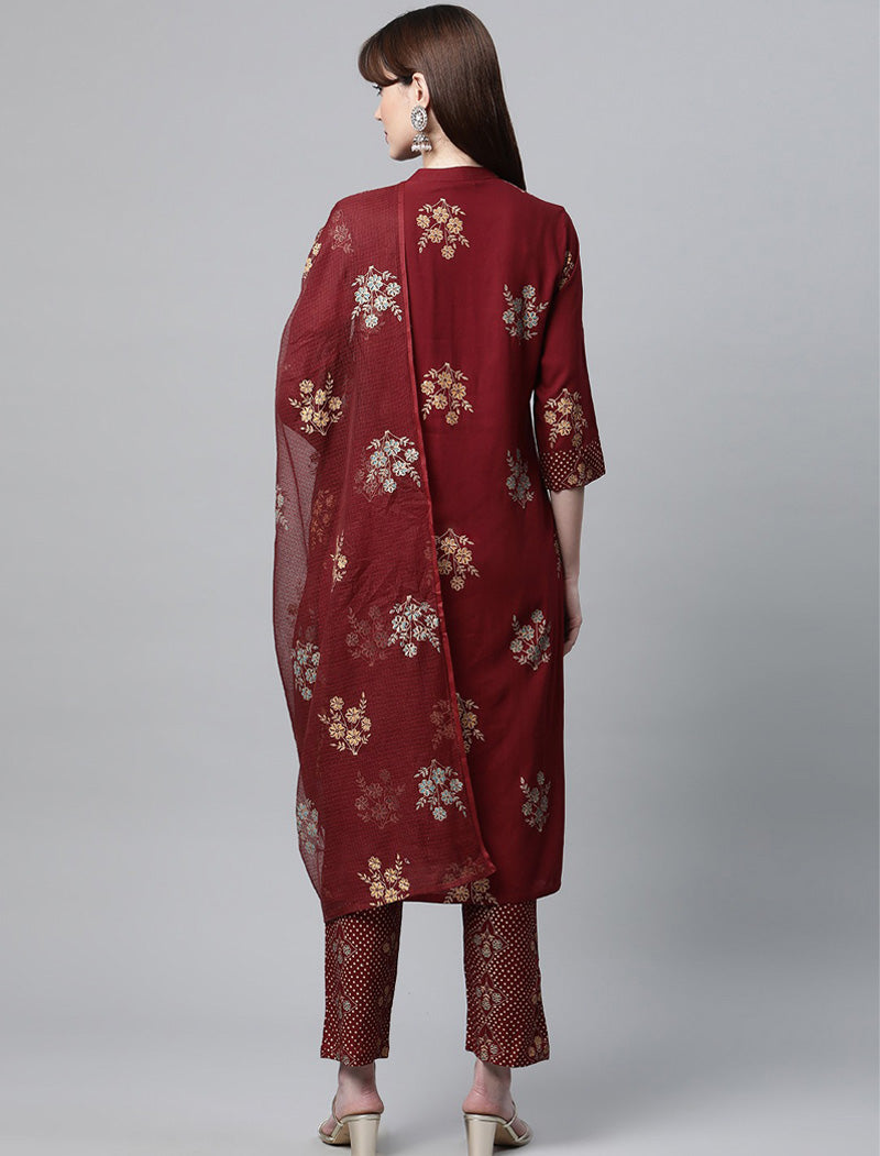 Maroon Floral Printed Kurta with Trousers & Dupatta Kurta Sets For Women