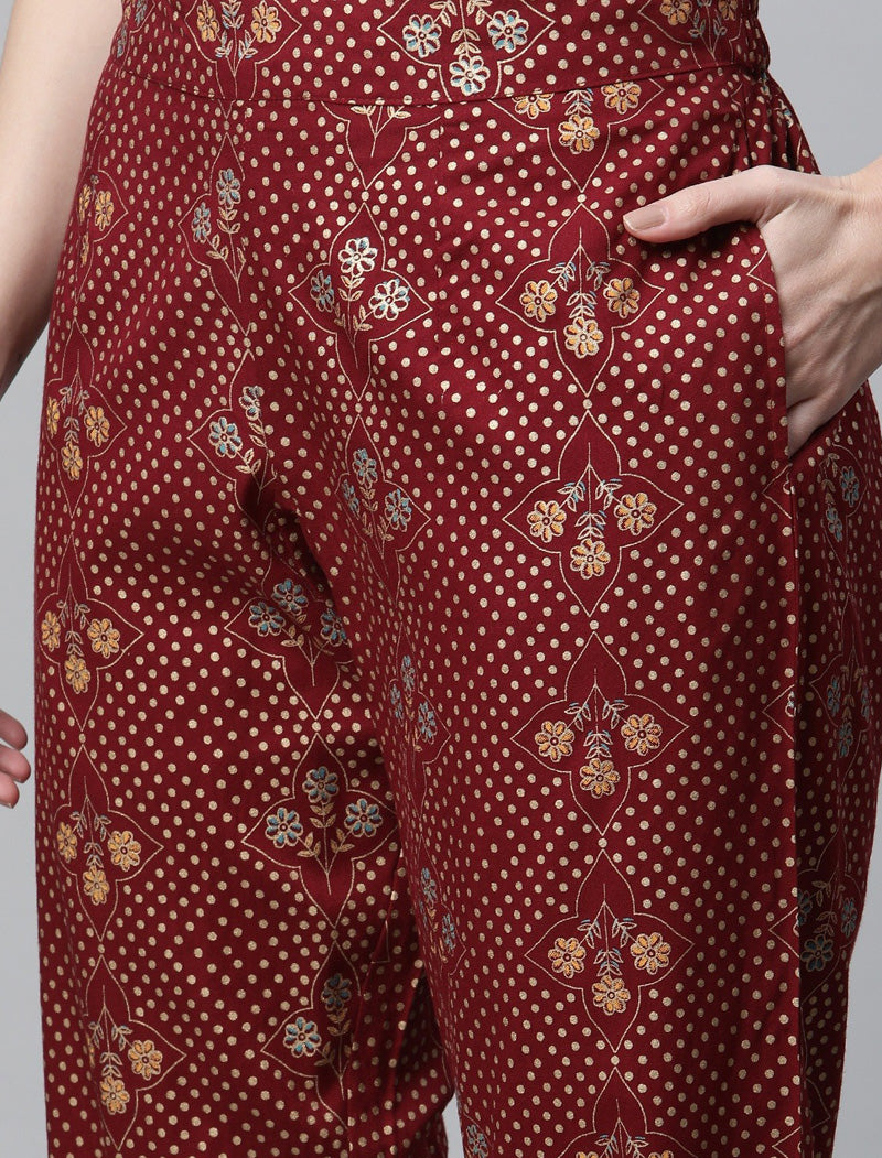 Maroon Floral Printed Kurta with Trousers & Dupatta Kurta Sets For Women