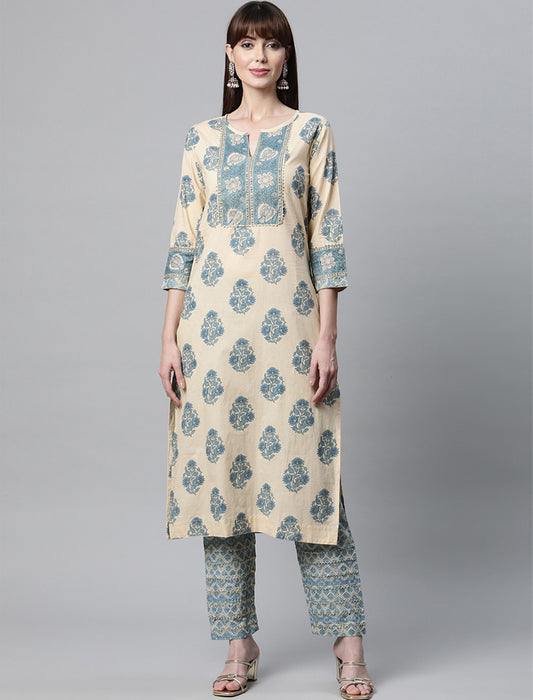 Beige Floral Printed Gotta Patti Pure Cotton Kurta with Trousers Kurta Sets For Women