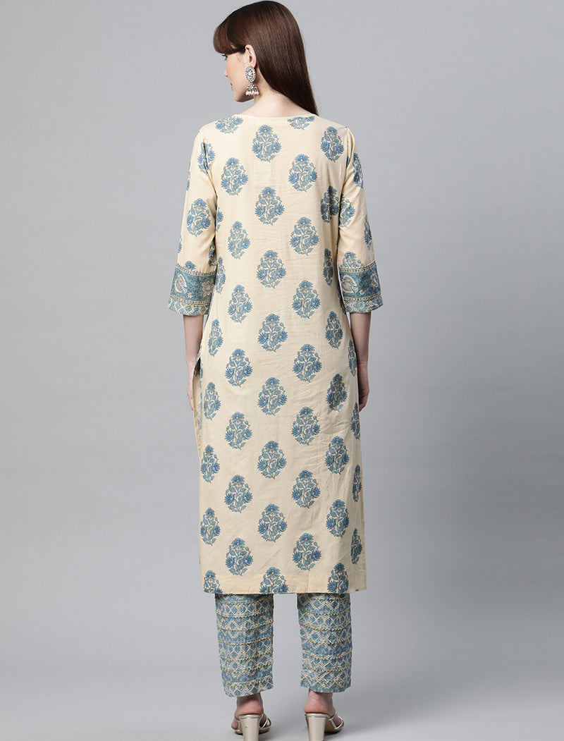 Beige Floral Printed Gotta Patti Pure Cotton Kurta with Trousers Kurta Sets For Women