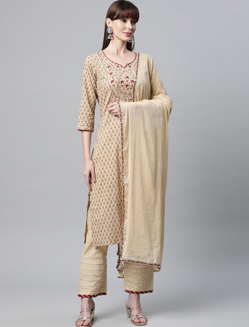 Beige Floral Printed Cotton Kurta with Trousers & Dupatta Kurta Sets For Women