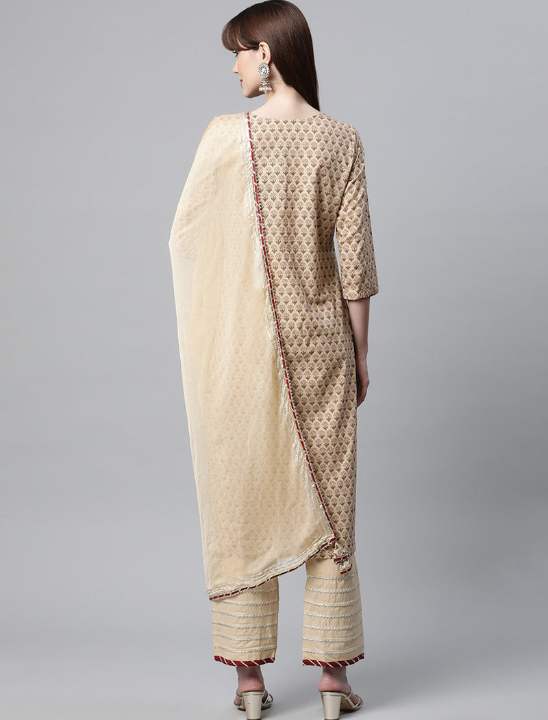 Beige Floral Printed Cotton Kurta with Trousers & Dupatta Kurta Sets For Women