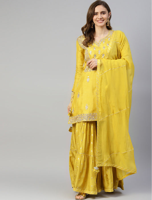 Yellow Embroidered Chanderi Silk Kurta with Sharara & Dupatta Kurta Sets For Women