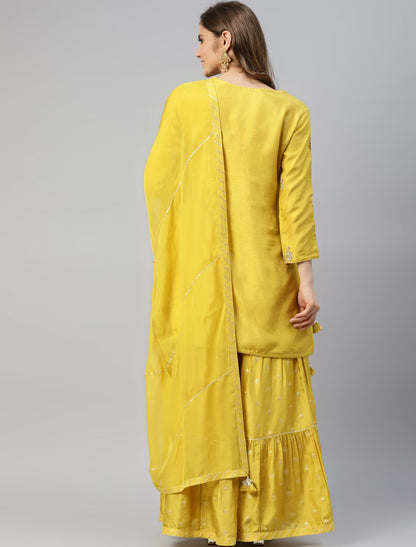 Yellow Embroidered Chanderi Silk Kurta with Sharara & Dupatta Kurta Sets For Women