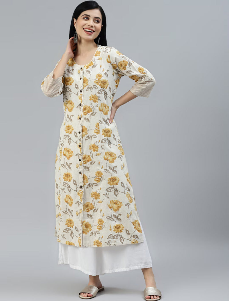 Women Cream-Coloured & Mustard Yellow Floral Printed Floral Kurta