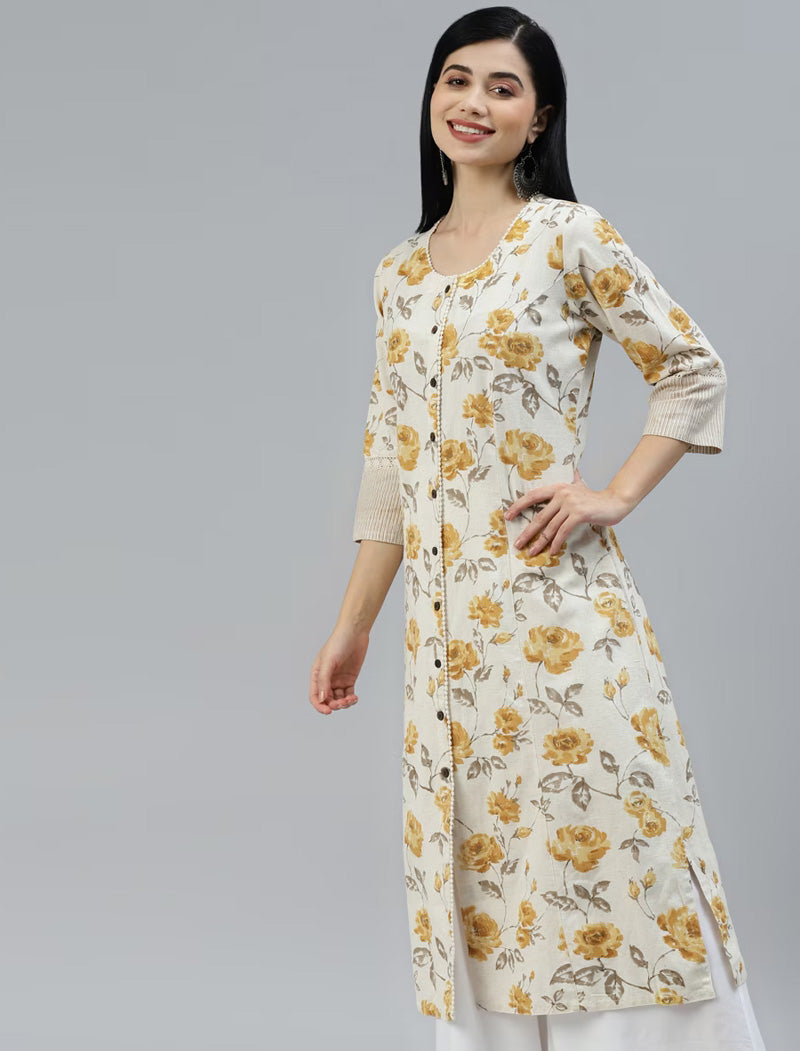 Women Cream-Coloured & Mustard Yellow Floral Printed Floral Kurta