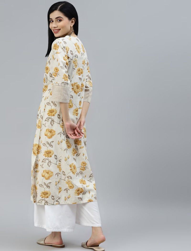 Women Cream-Coloured & Mustard Yellow Floral Printed Floral Kurta