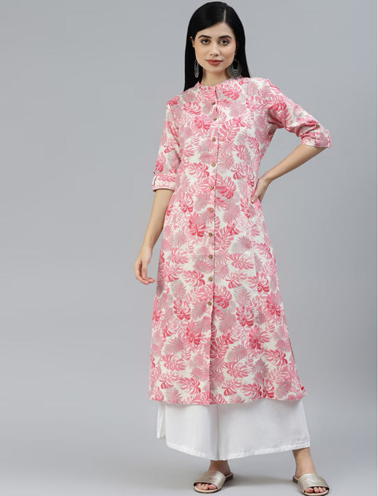 Women Pink & White Floral Printed Short Roll-up Sleeves Kurta