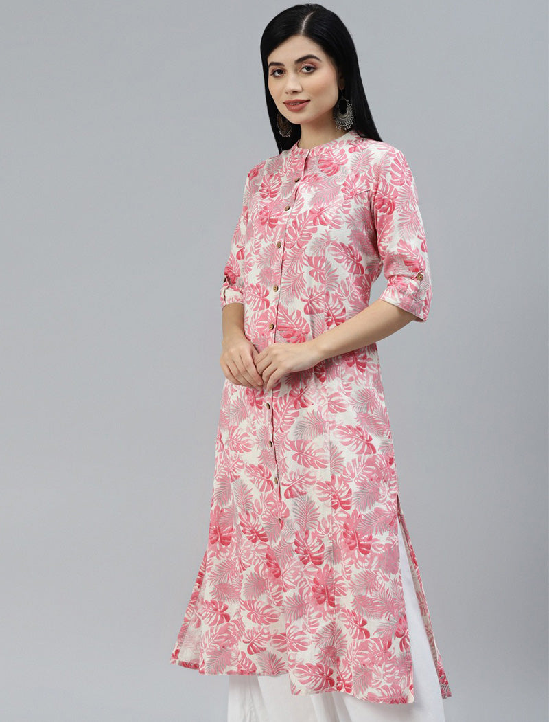 Women Pink & White Floral Printed Short Roll-up Sleeves Kurta