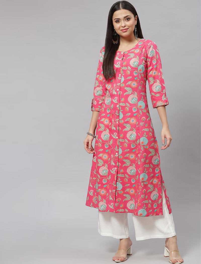 Women Pink & Green Cotton Flex Floral Print A-line Shape Kurta