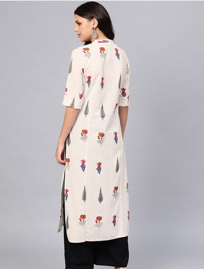 Women Off-White Printed Straight Short Sleeves Two Pockets Kurta