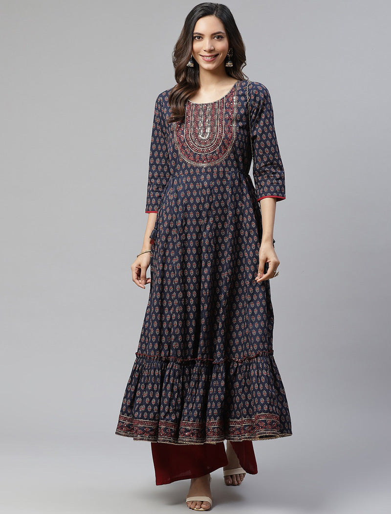 Women Navy Blue & Maroon Ethnic Motifs Printed Sequins Indigo Cotton A-Line Kurta