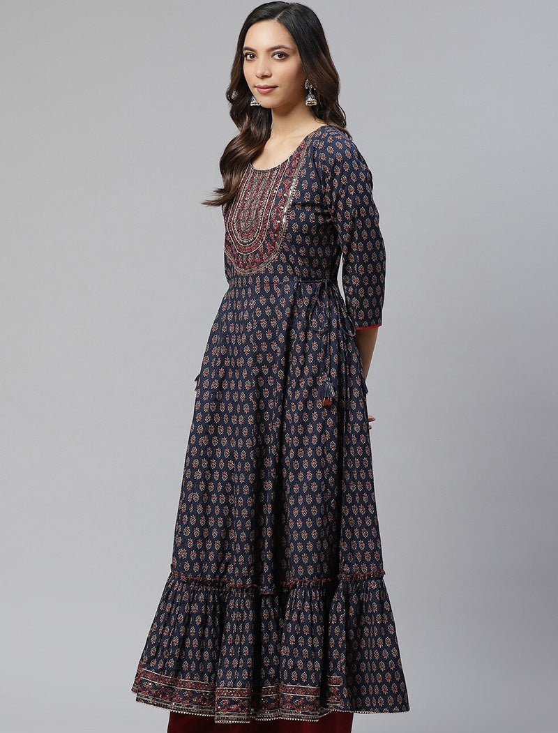 Women Navy Blue & Maroon Ethnic Motifs Printed Sequins Indigo Cotton A-Line Kurta