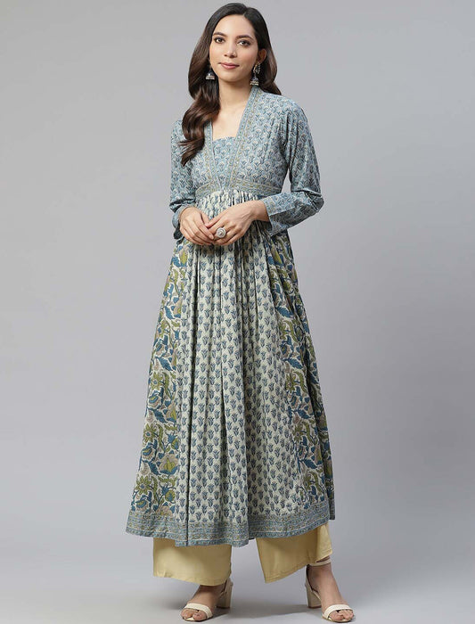 Women Blue Ethnic Motifs Printed Three-quarter Roll-up Sleeves Anarkali Kurta