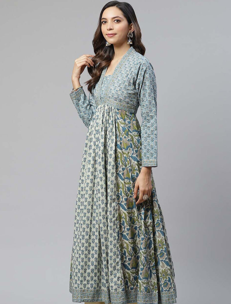 Women Blue Ethnic Motifs Printed Three-quarter Roll-up Sleeves Anarkali Kurta