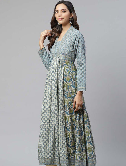 Women Blue Ethnic Motifs Printed Three-quarter Roll-up Sleeves Anarkali Kurta