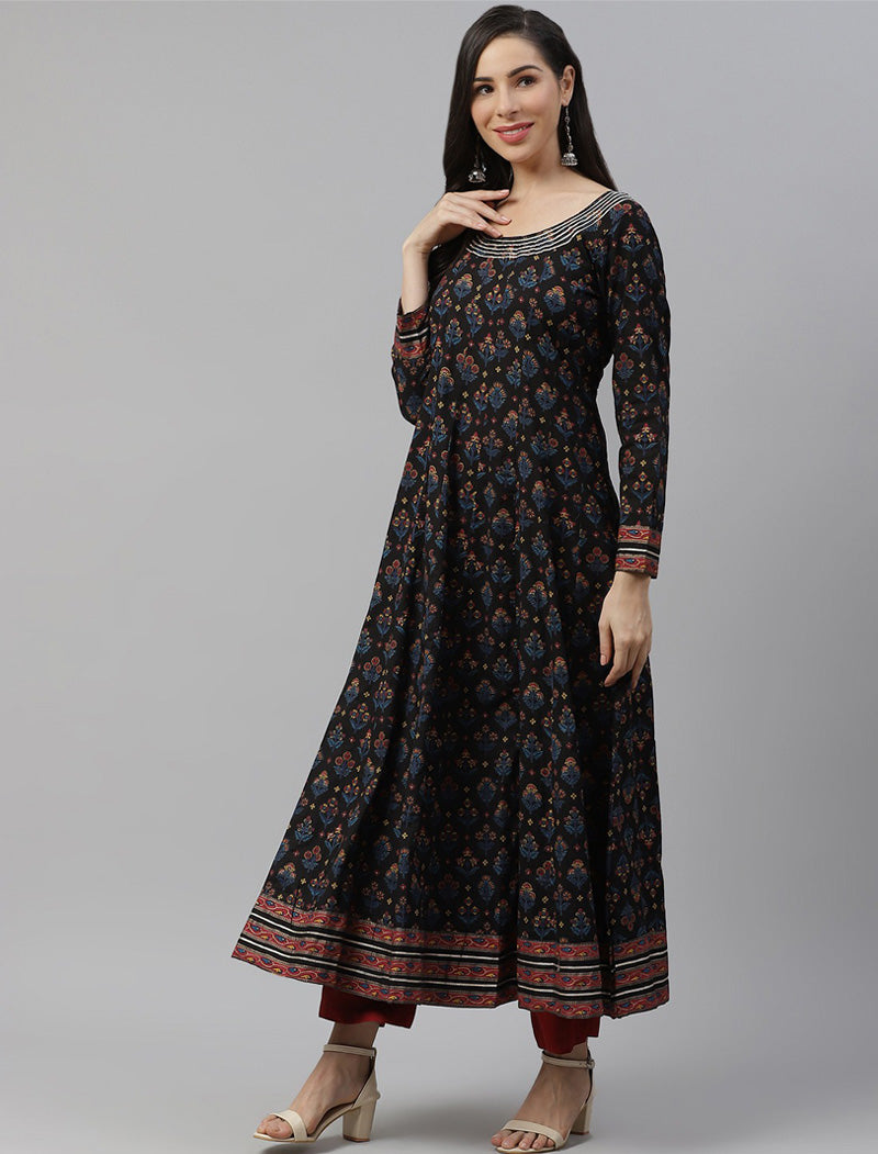 Women Black & Blue Pure Cotton Ethnic Motifs Printed Gotta Patti Anarkali Kurta