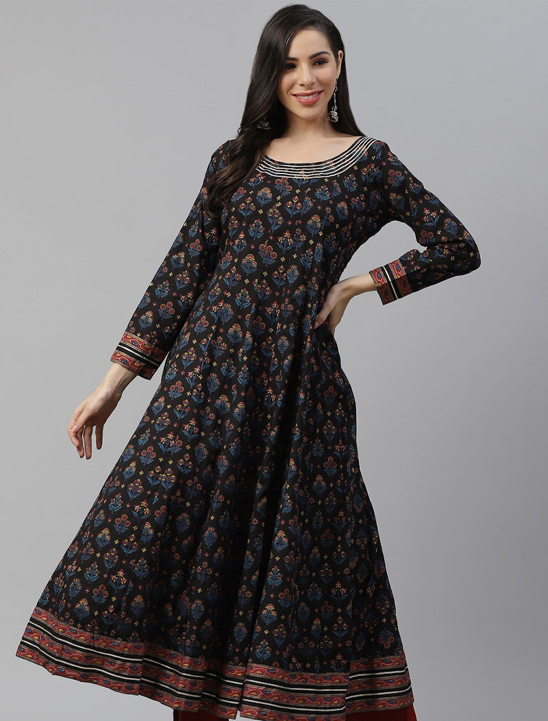 Women Black & Blue Pure Cotton Ethnic Motifs Printed Gotta Patti Anarkali Kurta