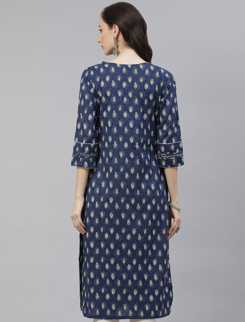 Women Blue & White Floral Printed Mirror Work Kurta