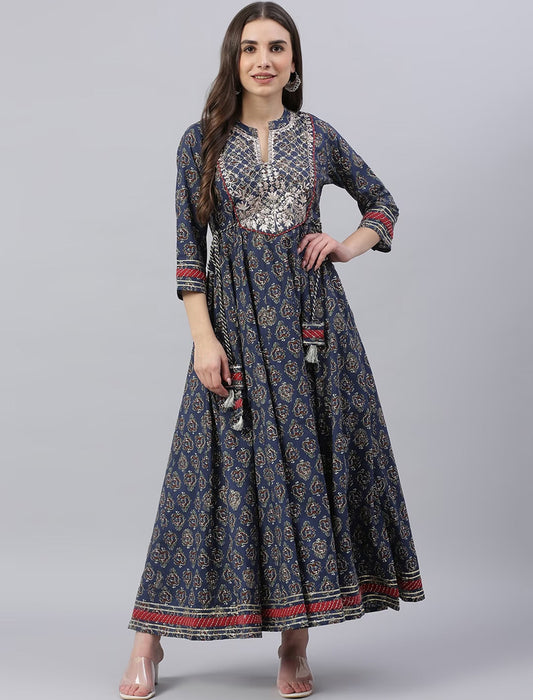 Women Blue Ethnic Motifs Printed Sequinned Detail Anarkali Kurta