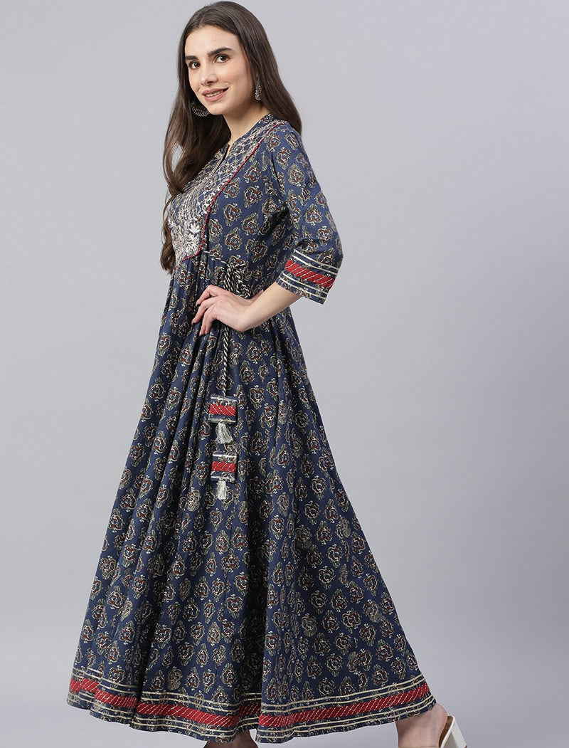 Women Blue Ethnic Motifs Printed Sequinned Detail Anarkali Kurta